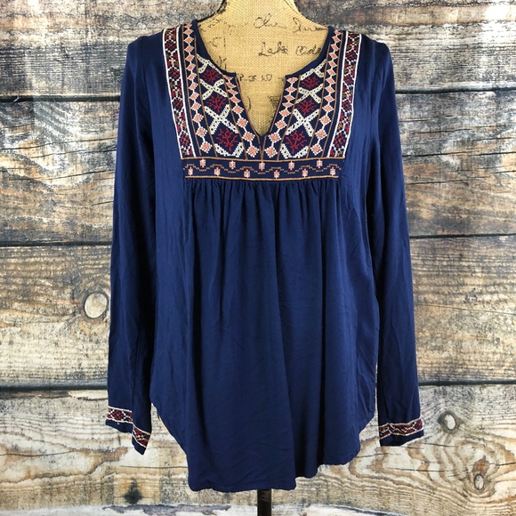 Lucky Brand Tops - Lucky Brand Blue V-neck Embroidered Shirt